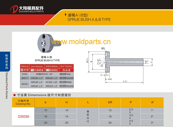 东莞大翔模具配件有限公司专业生产A型浇口套，A型浇口套的材质、热处理、硬度、标准、型号等详情说明和介绍，您可以通过本页面下单留言或者发送询/报价