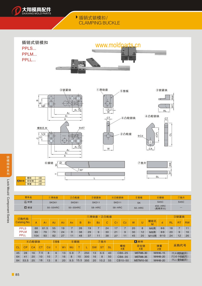 东莞大翔模具配件有限公司专业生产MISUMI标准插销式锁模扣，MISUMI标准插销式锁模扣的材质、最大行程、最小行程、拉力、硬度、标准、型号等详情说明和介绍，您可以通过本页面下单留言或者发送询/报价。