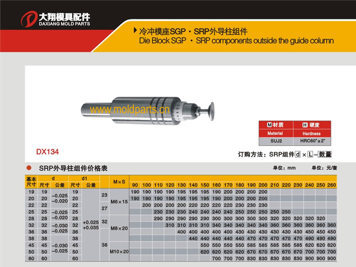 东莞大翔模具配件有限公司专业生产冷冲模SRP外导柱组件，冷冲模SRP外导柱组件的材质、热处理、硬度、标准、型号等详情说明和介绍，您可以通过本页面下单留言或者发送询/报价