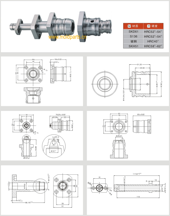 东莞大翔模具配件有限公司专业生产瓶胚模具配件，瓶胚模具配件的材质、热处理、硬度、标准、型号等详情说明和介绍，您可以通过本页面下单留言或者发送询/报价
